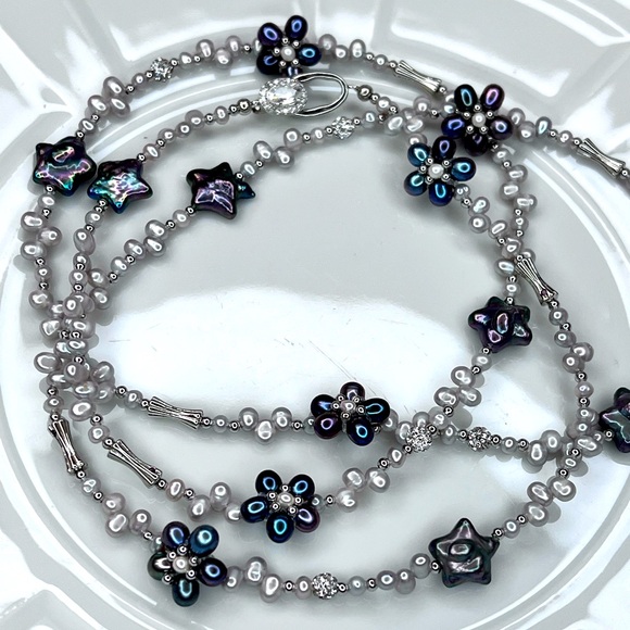 Hand Crafted Jewelry - Handmade Freshwater Silvery Gray Peacock Flower 🌺 Star  Pearl Ex Long Necklace